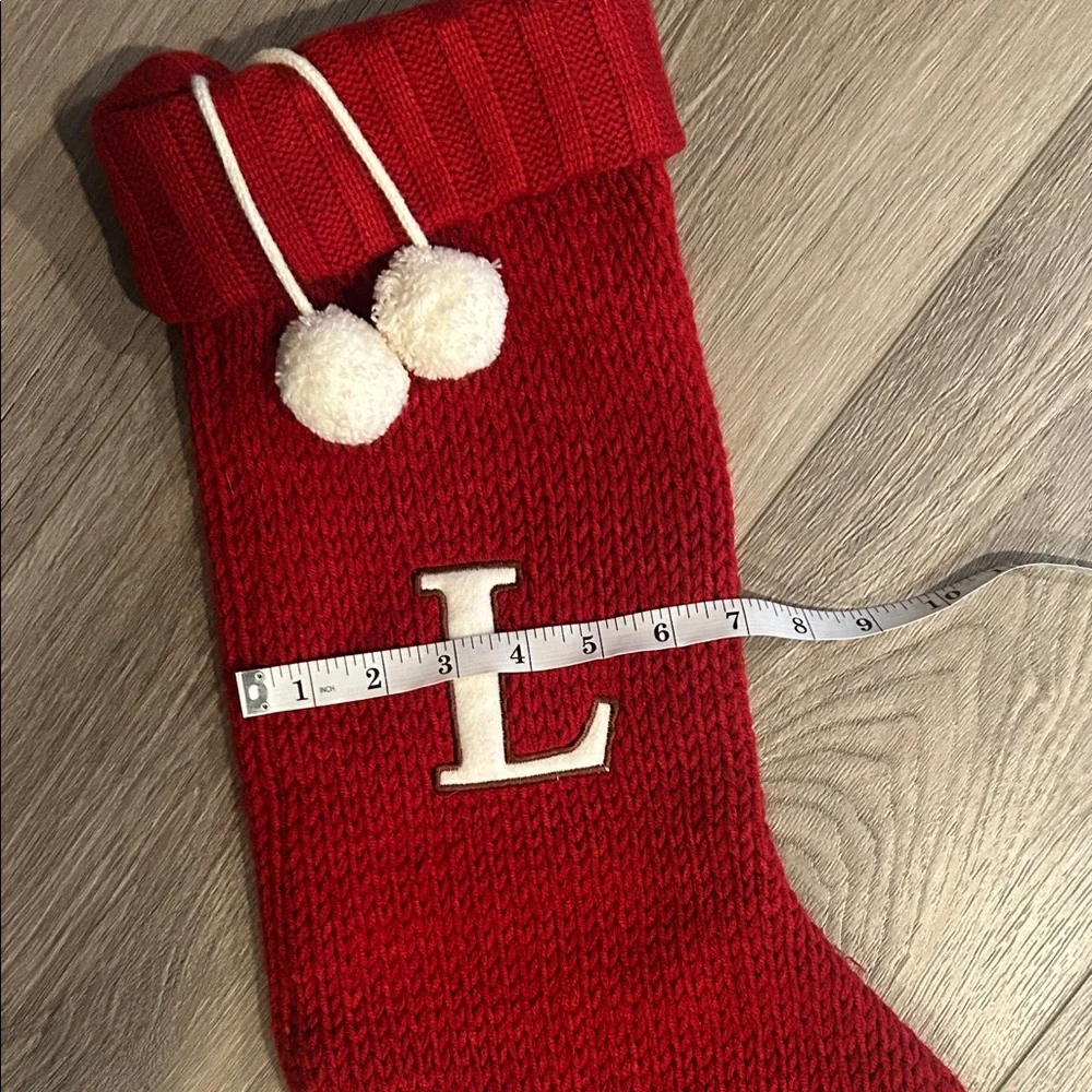 Red Knit‎ Christmas Stocking with Pom Poms and Letter “L”